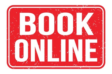 BOOK ONLINE, words on red rectangle stamp sign
