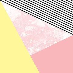 Colorful geometrical design illustration in Scandinavian style with pastel yellow and pink colors with black and white striped decoration on grunge pink background