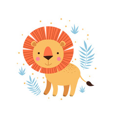 Illustration of lion and tropical leaves. - 458904482