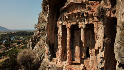 King rock tombs in the ancient city of Kaunos. Dalyan near Iztuzu beach, which is the spawning area...