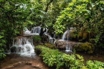 Fototapeta na wymiar a stream with many stone steps covered with moss