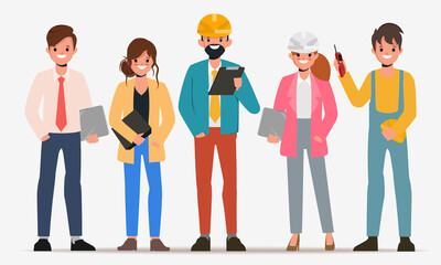 Engineering teamwork flat character. Animation cartoon vector.