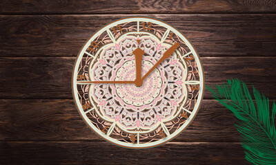 Obraz na płótnie Canvas 3d wooden floral multilayer clock .colorful. gorgeous, modern, new, excellent home decoration, wall decoration, special days decoration. 