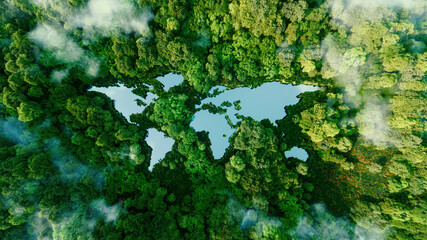 A lake in the shape of the world's continents in the middle of untouched nature. A metaphor for ecological travel, conservation, climate change, global warming and the fragility of nature.3d rendering - obrazy, fototapety, plakaty