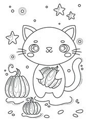 Coloring page with cat and pumpkins, hand-drawn vector illustration.