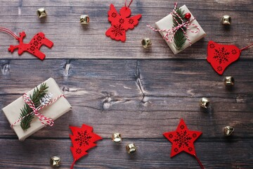 Beautiful Christmas wooden background, top view photography