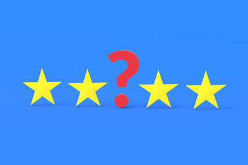 Stars near question mark on blue background. The concept of an unknown hotel rating, service. Hidden popularity metrics. Predicting the quality level. 3d render