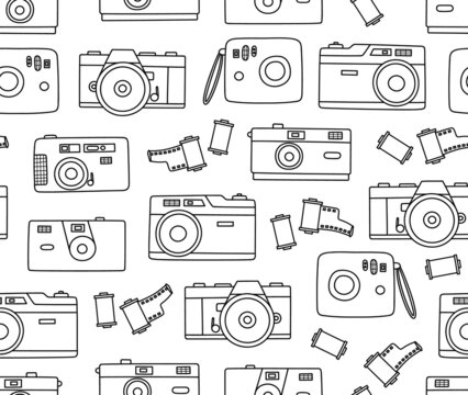 Seamless pattern of film photo cameras and films. Retro, vintage camera, photographer tool, photo tool. Back to the 80s - 90s. Colorful flat vector illustration isolated on white background. Line art.