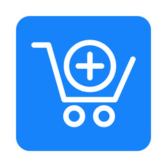 Add to cart. Logotipo con silueta de carrito de la compra con símbolo más en círculo con lineas en cuadrado color azul