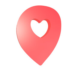 3d map pin with a heart icon isolated on white background. Position marker, rate tag, valentines day delivery, love destination. 3d render illustration