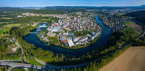  Aerial view of the city flurlingen, Neuhausen in Switzerland on a sunny morning day in summer 