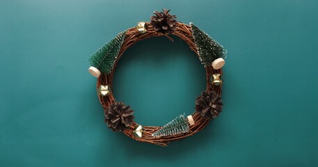 Christmas handmade wreath on beautiful background. Top view holiday photography