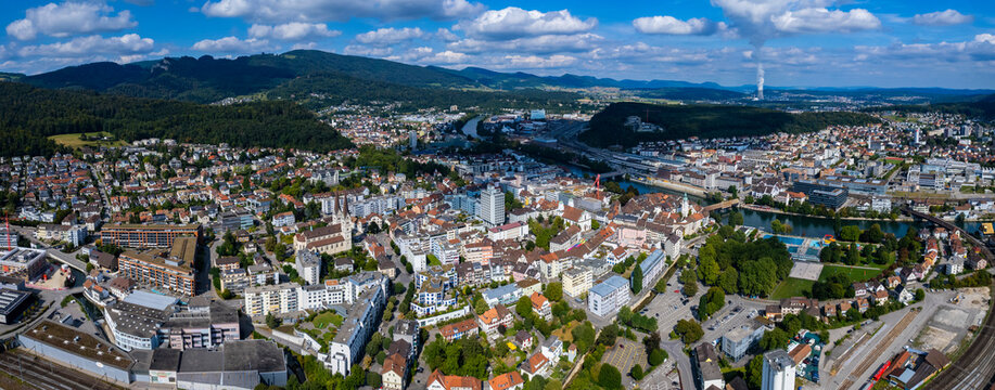 Aerial view around the city Olten in Switzerland on a sunny day in summer.