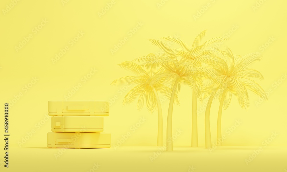 Poster palm trees on yellow studio background with travel suitcase. backdrop design for product promotion. 
