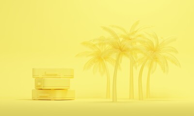 Palm trees on yellow studio background with travel suitcase. Backdrop design for product promotion. 3d rendering