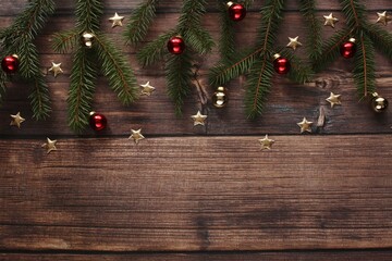 Beautiful Christmas wooden background, top view photography