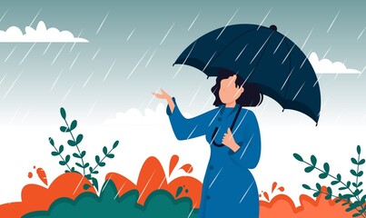 Autumn landscape city woman umbrella rain puddles of yellow trees. Enjoying autumn days. Woman in raincoat walking down the street. Girl umbralla walking under the rain.