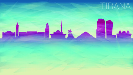 Tirana, Albania Skyline City Silhouette. Broken Glass Abstract  Textured. Banner Background Colorful Shape Composition.