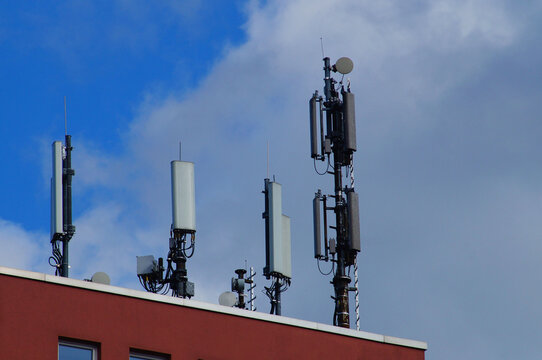 Mobile phone antennas on a roof in Frankfurt