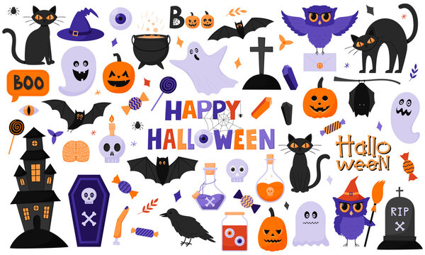 A collection of objects for Halloween.Pumpkins, owls, cats, ghosts, hat, cauldron, candy, bats. Bright purple, orange colors. Set with flat cartoon vector illustrations isolated on a white background.