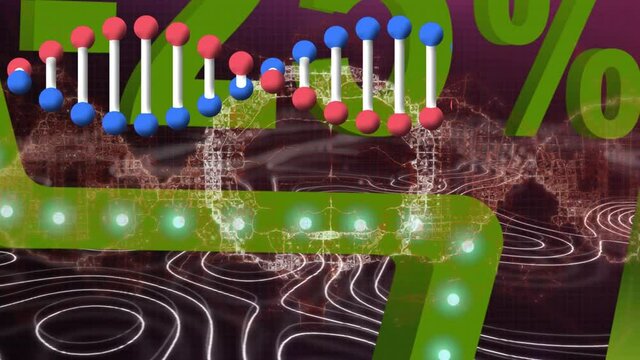 Animation of dna chain over numbers and isohypses on dark background