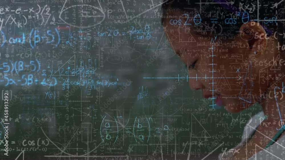 Poster animation of moving math formulas and data processing over girl using smartphone