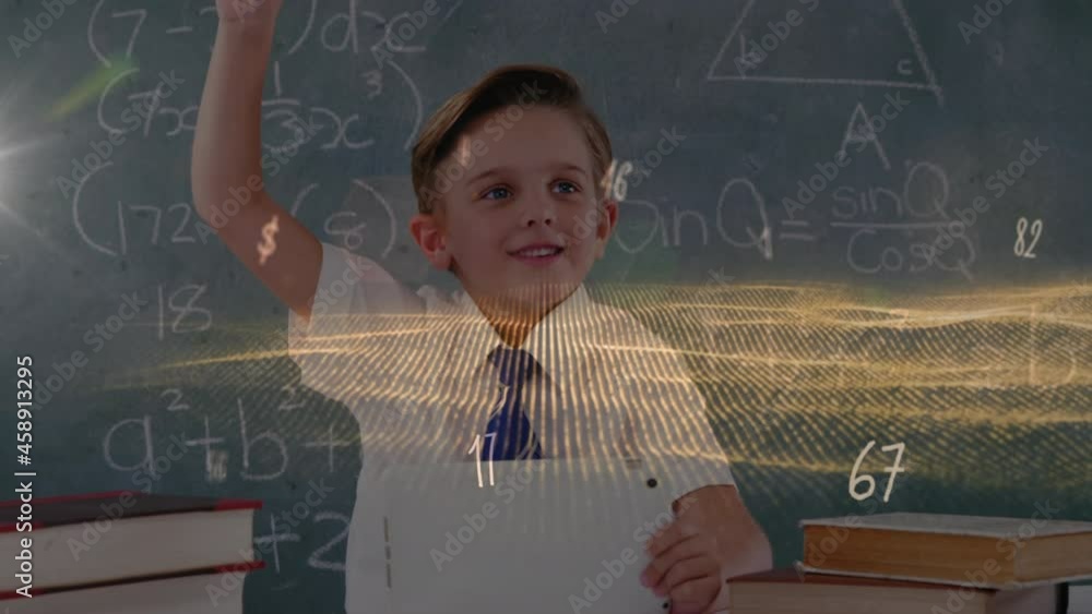 Poster animation of moving math formulas and data processing over school boy