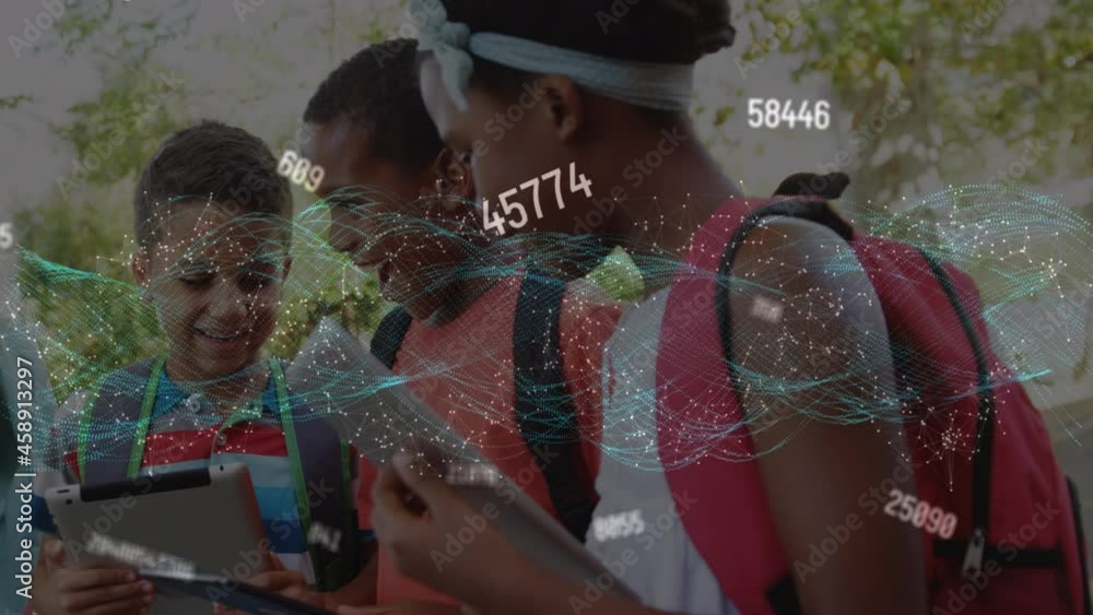 Poster animation of moving math formulas and data processing over children using smartphone