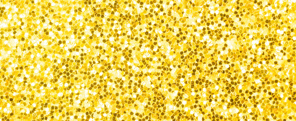 Gold glitter texture, banner macro photo, high detailed surface. Close-up to sandpapper, abstract glitter lights for holiday celebration, new year and christmas. Glowing effect concept