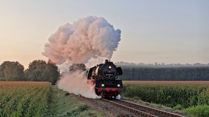 An old steam train with a big smoke plum in the Netherlands in the morning