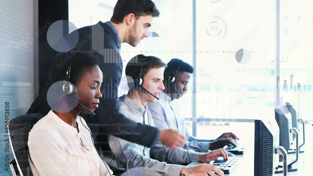 Poster animation of data processing over people using phone headsets