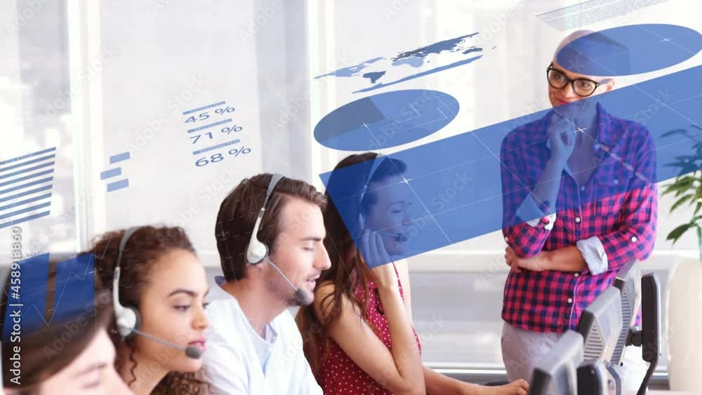 Poster animation of data processing over people using phone headsets