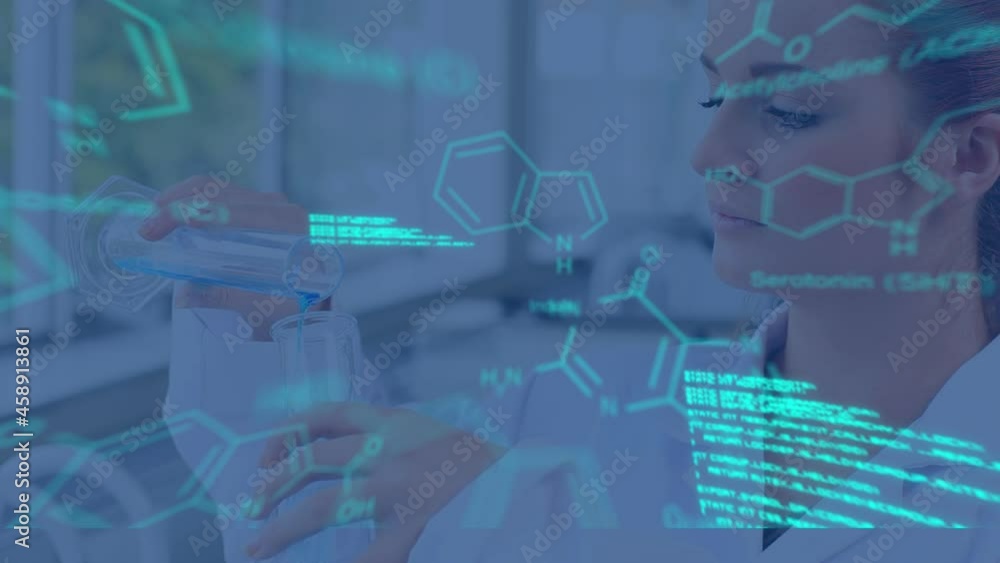 Poster animation of data processing over female scientist laboratory