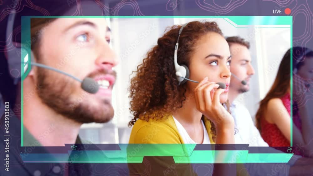 Poster animation of data processing over people using phone headsets
