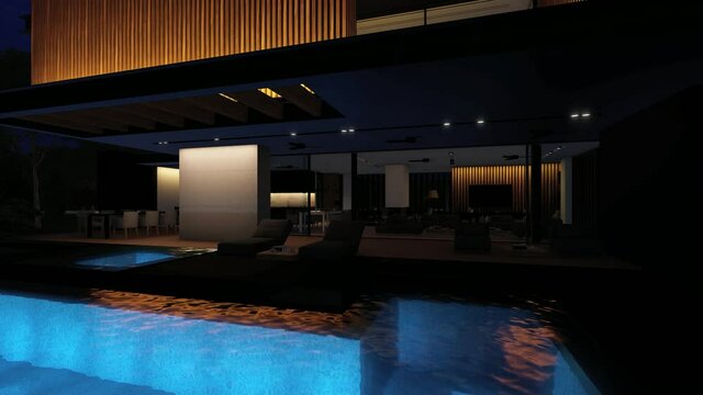 4K video rendering of modern cozy house with parking and pool for sale or rent with wood plank facade and beautiful landscaping on background. Fly-walk forward with light on