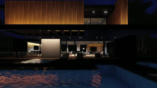 4K video rendering of modern cozy house with parking and pool for sale or rent with wood plank facade and beautiful landscaping on background. Fly-walk from right to left with light on