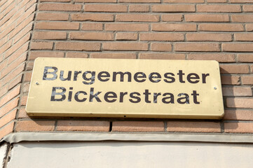 Fototapeta na wymiar Street Sign Burgemeester Bickerstraat At Diemen The Netherlands 20-9-2021