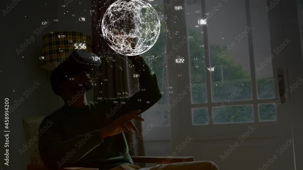 Poster animation of network of connections, globe and data processing over man in vr headset