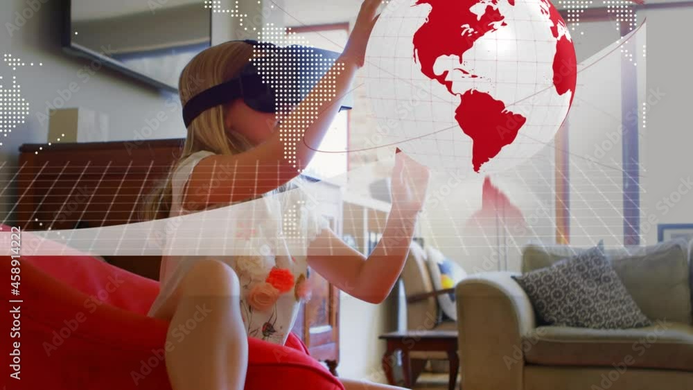 Poster animation of network of connections, globe and data processing over girl in vr headset