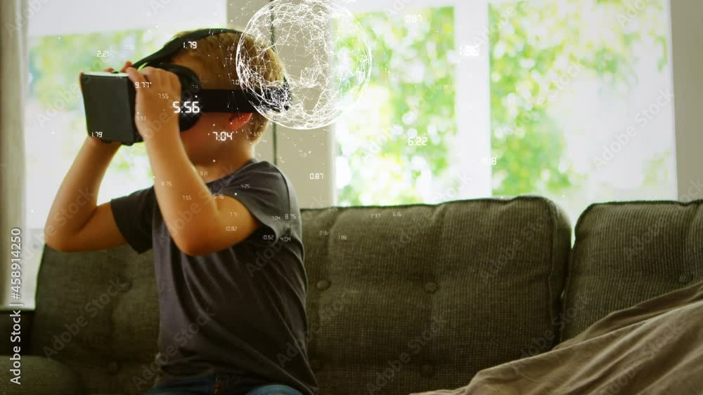 Poster animation of network of connections, globe and data processing over boy in vr headset