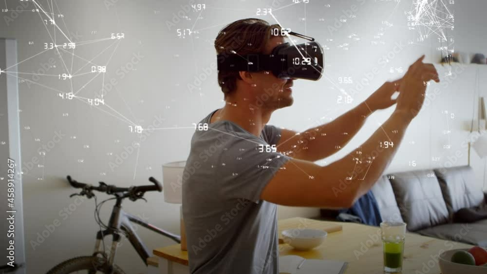 Poster animation of network of connections and data processing over man in vr headset
