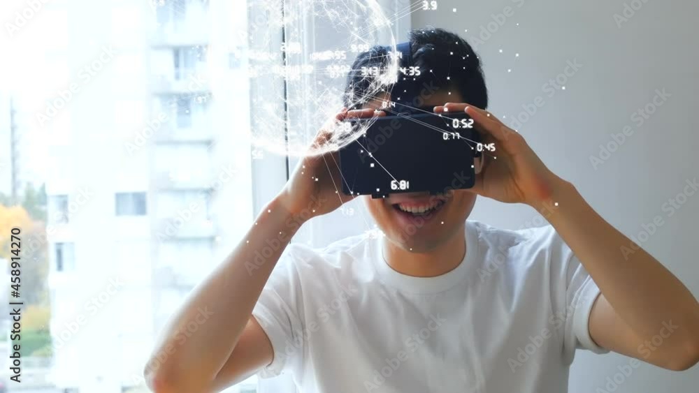 Poster animation of network of connections, globe and data processing over man in vr headset