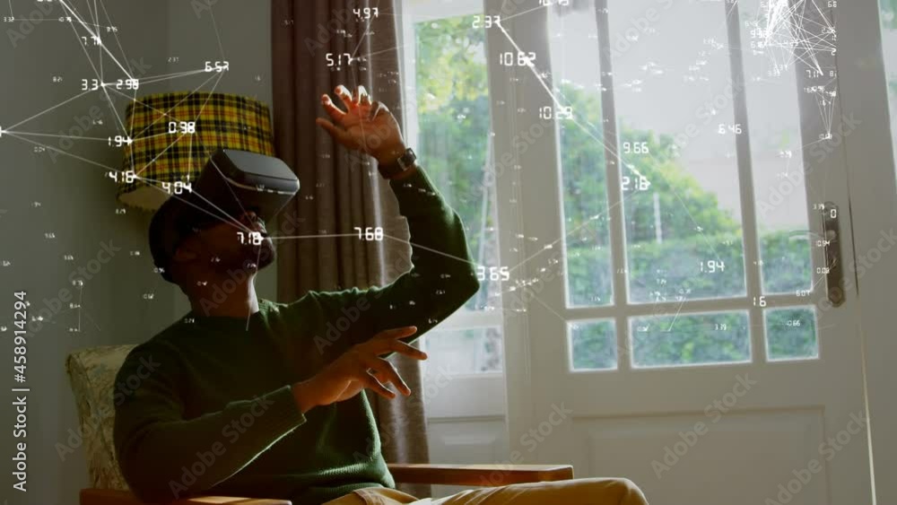 Poster animation of network of connections and data processing over man in vr headset