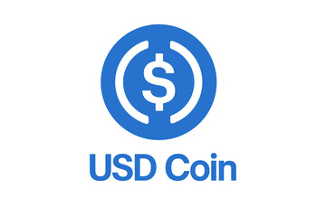 The cryptocurrency logo is close to the original. Symbol and text on a white background. USD Coin.