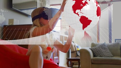 Animation of network of connections, globe and data processing over girl in vr headset - Powered by Adobe