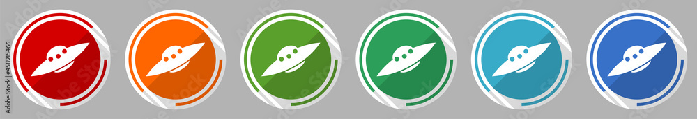 Poster ufo, alien spaceship icon set, vector illustration in 6 colors options for webdesign and mobile appl