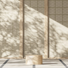 wooden podium middle japanese room, Sunshade and tree shadows on japan partition. abstract background for product presentation or ads. 3d rendering