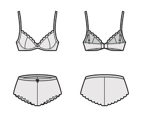 Set of lingerie - bra underwire and french knickers technical fashion illustration with escalloped edge. Flat brassiere template front, back, grey color style. Women, men, unisex underwear CAD mockup - obrazy, fototapety, plakaty