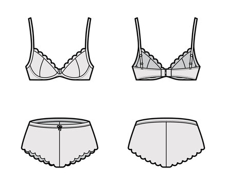 Set of lingerie - bra underwire and french knickers technical fashion illustration with escalloped edge. Flat brassiere template front, back, grey color style. Women, men, unisex underwear CAD mockup