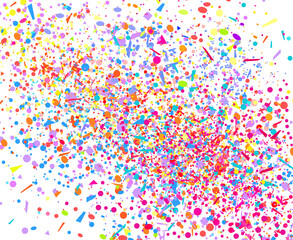 Explosion. Firework. Texture with random geometric elements on white. Holiday background with confetti. Pattern for design. Print for banners, posters and textiles. Greeting cards. Festive backdrop